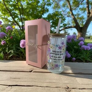 Floral Glass Tumbler with Straw - Purple and Brown